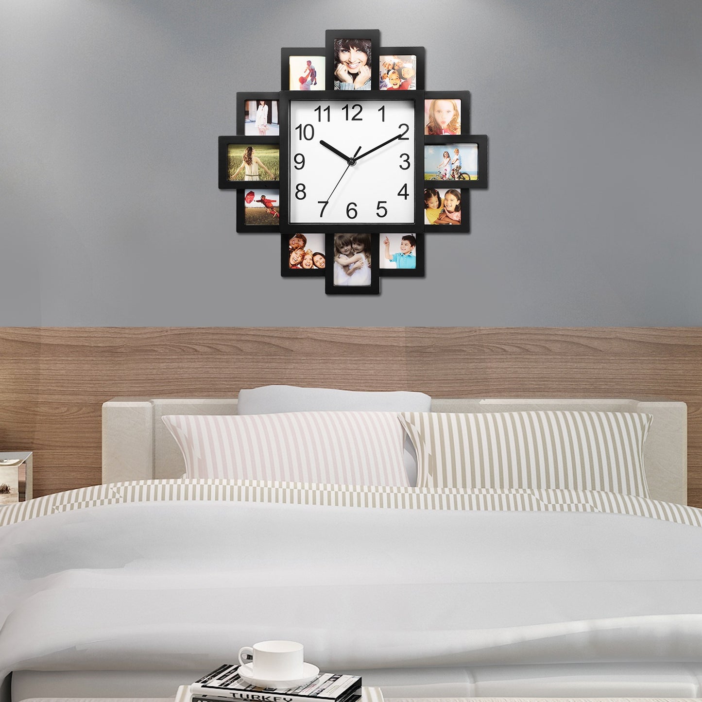 Photo Frame Wall Clock - 12 Picture Collage, Black