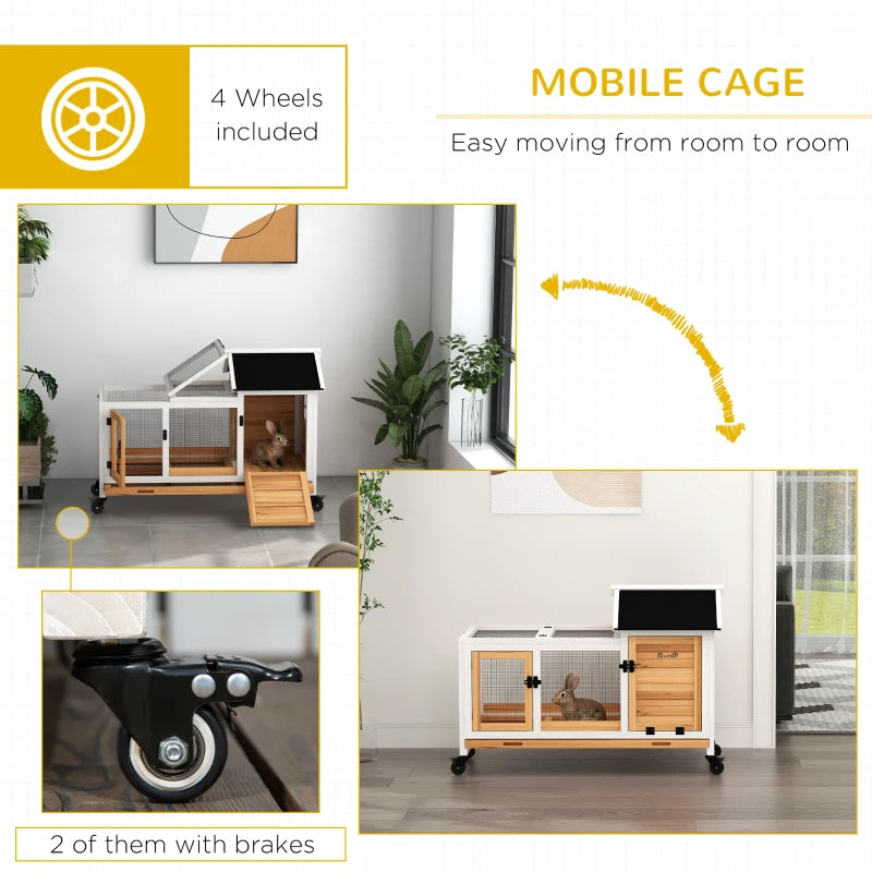 Wooden Rabbit Hutch with Wheels and Run - Small Animal Cage, Yellow & White