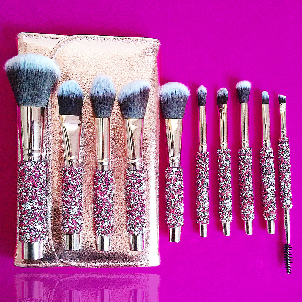10-Piece Diamond Inlaid Makeup Brush Set - Professional Cosmetic Tools - Pink