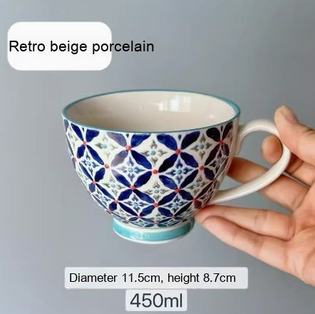 Large Capacity Ceramic Breakfast Mug for Milk and Oatmeal - Vintage Style, 400-450ml