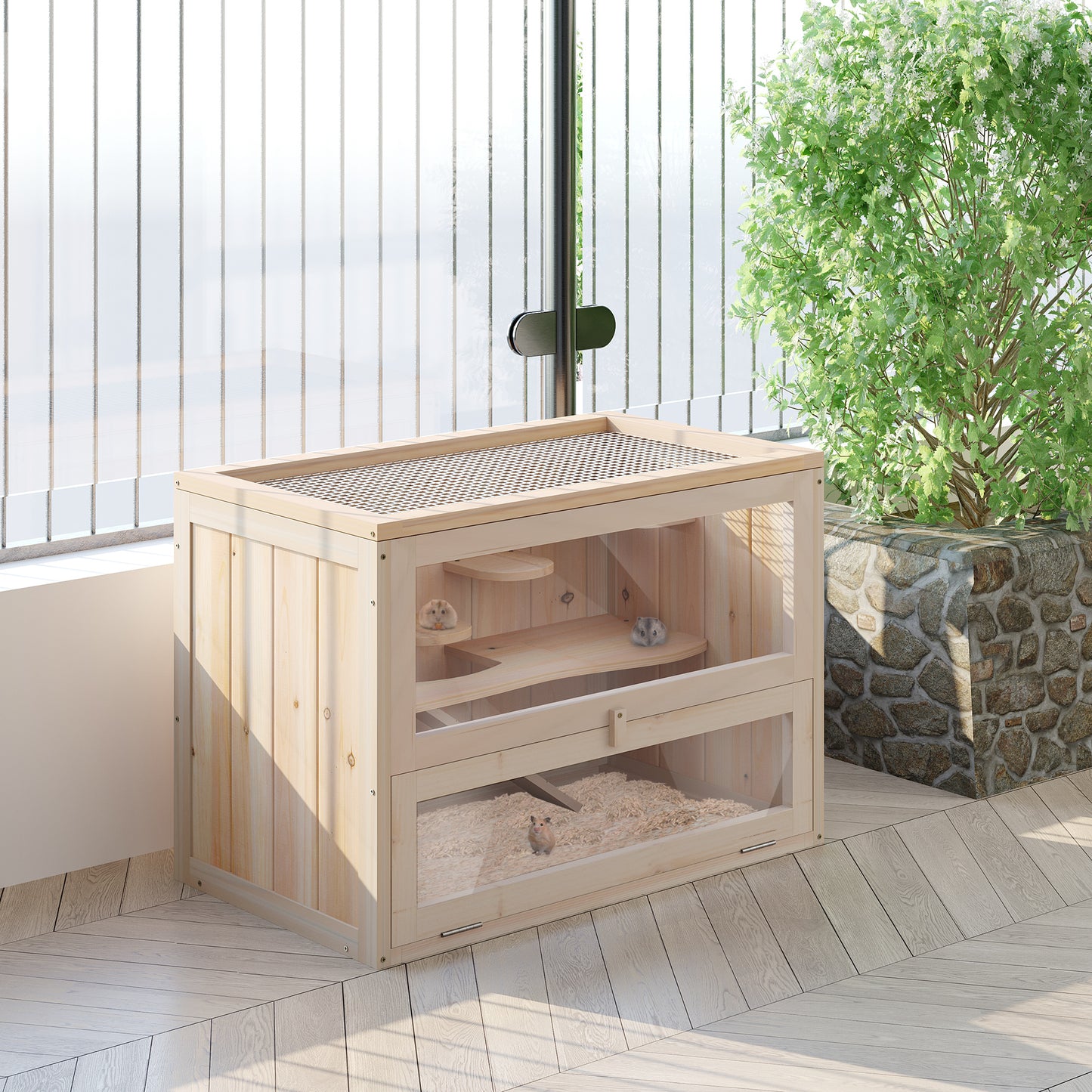 Wooden Multi-Level Small Animal Cage for Hamsters Mice and Rodents - Natural Finish