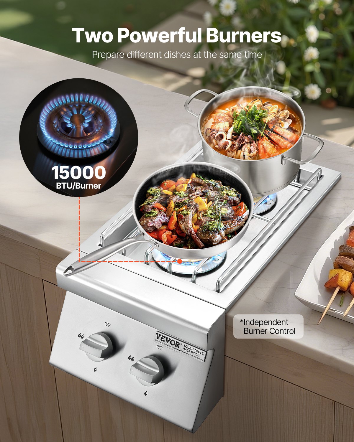 Double Side Burners for Outdoor Grilling - 15,000 BTU Propane & Natural Gas