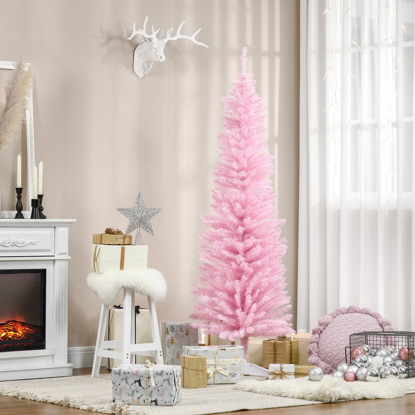 6ft Slim Pink Artificial Christmas Tree with 390 Branch Tips