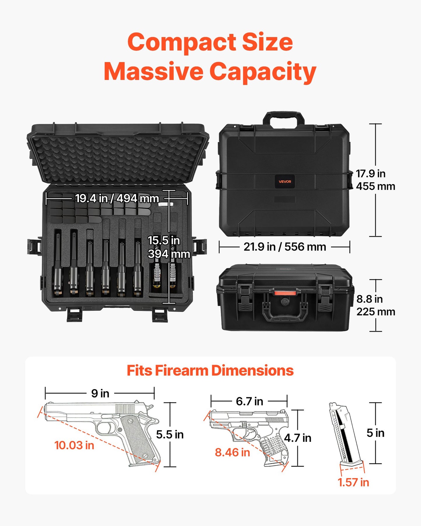 Heavy Duty Waterproof Pistol Case with Foam Interior, TSA Compliant, 21.9x17.9x8.8 in