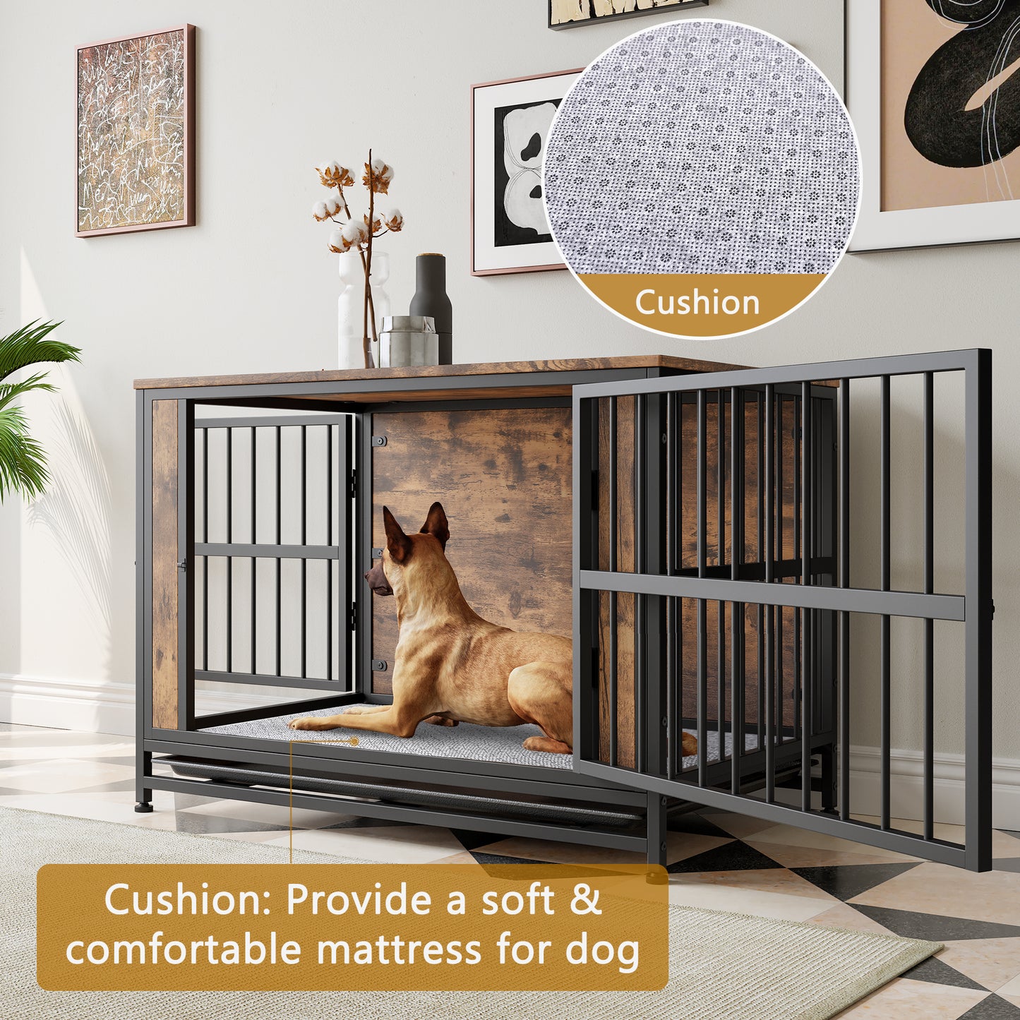 Wooden Dog Crate Table with Sliding Doors - Large Dog Kennel