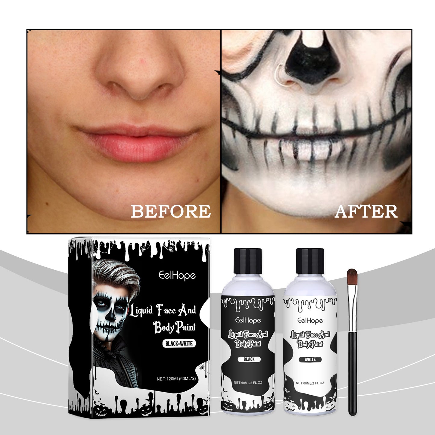 Black and White Liquid Face & Body Paint Set - Halloween Makeup Kit