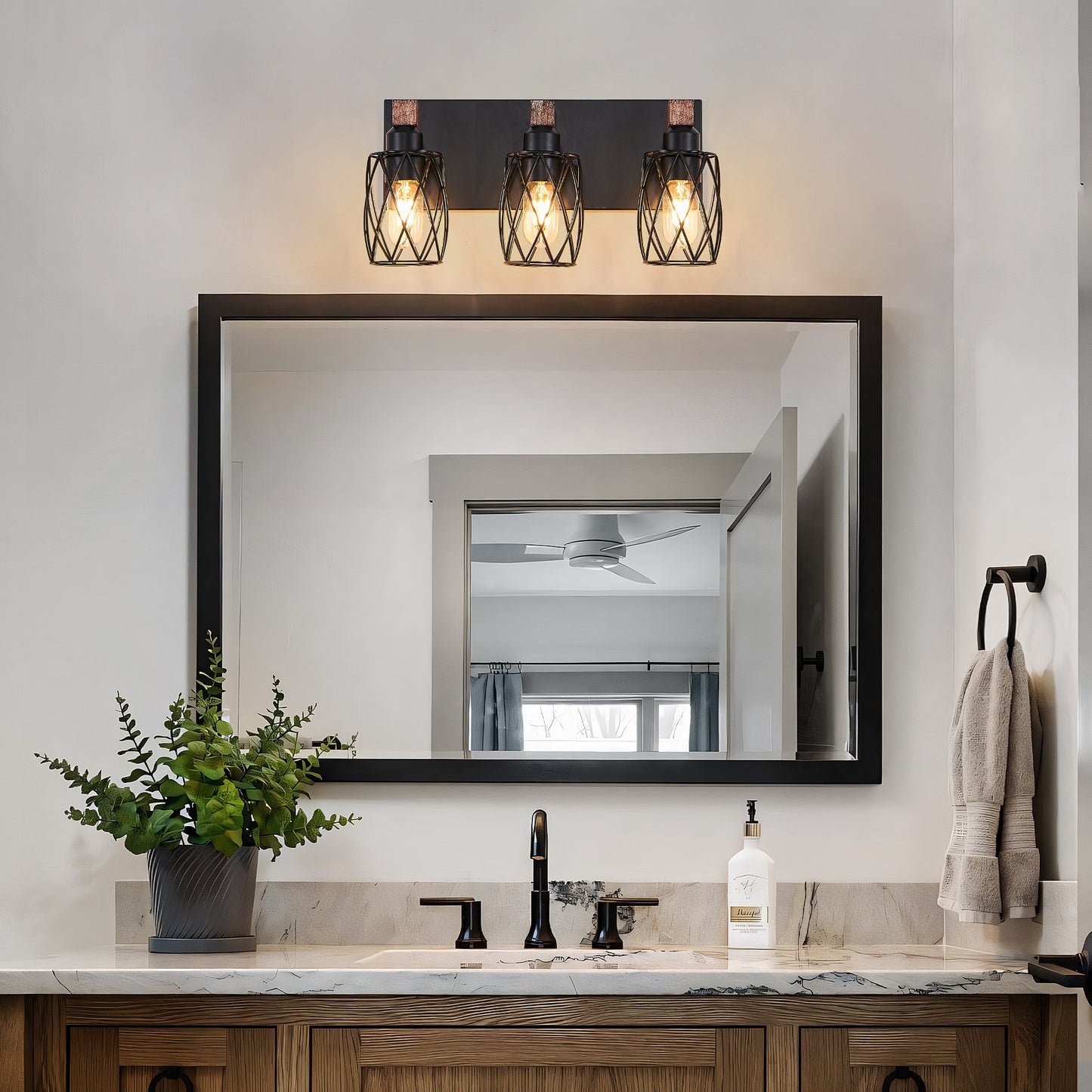 Vintage Industrial 3-Light Wall Sconce - Black Metal & Wood Accent