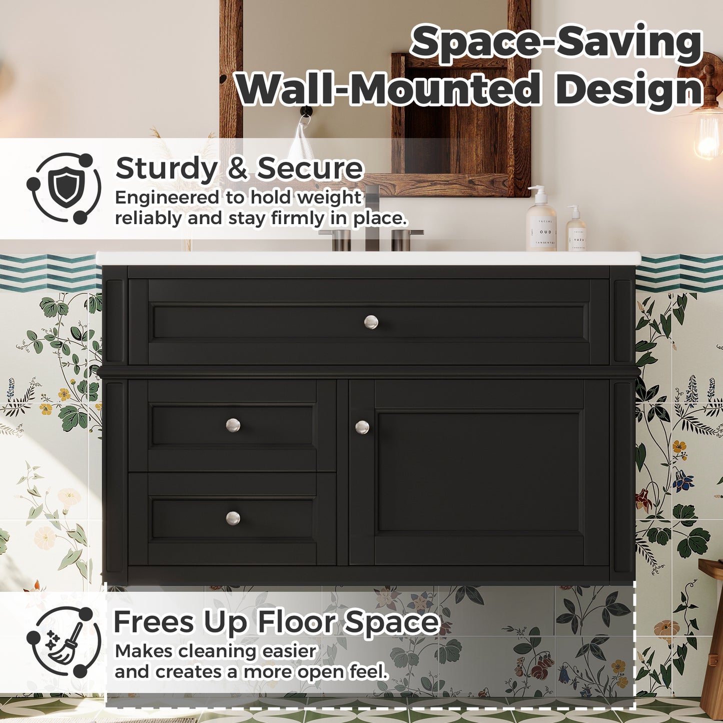 36-Inch Wall Mounted Bathroom Vanity with Ceramic Sink - Black