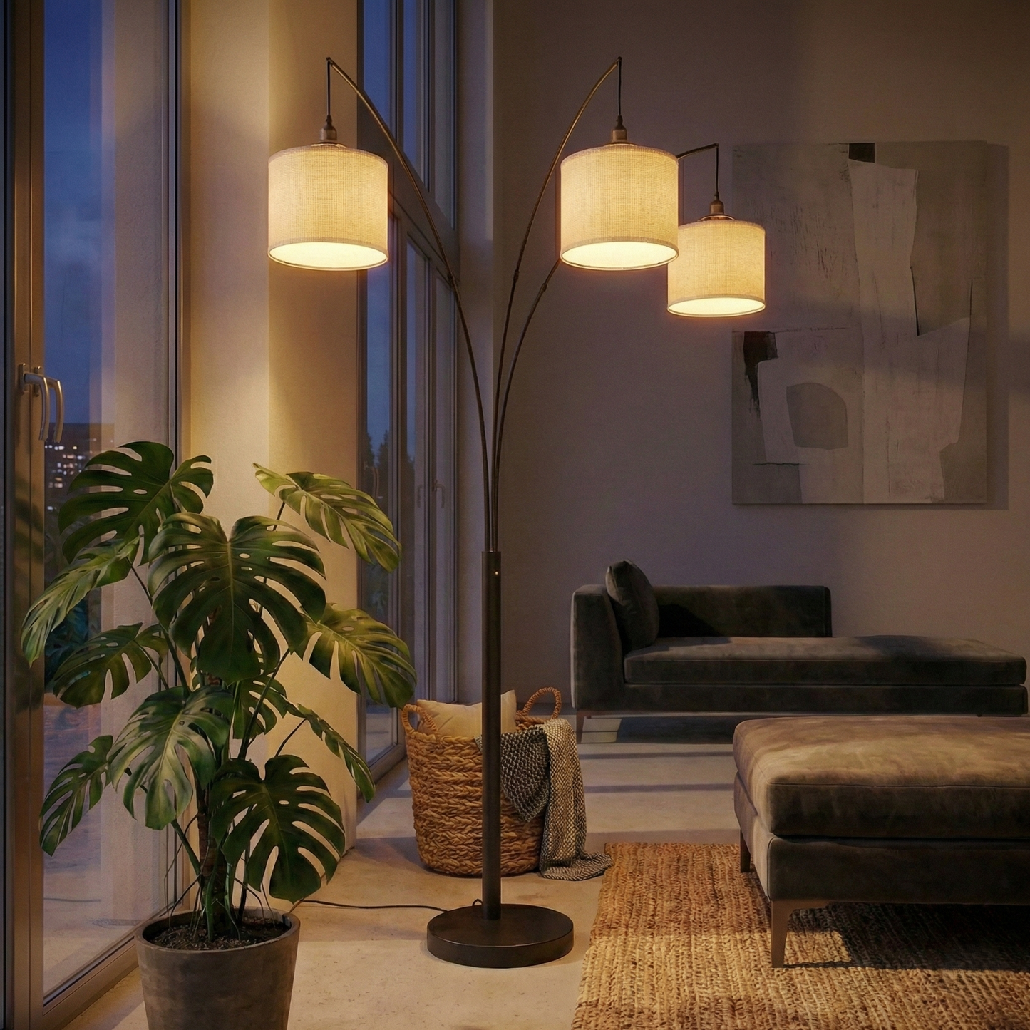 Royal 3-Arm Metal Floor Lamp, Oil Rubbed Bonze With Linen Shade, 4