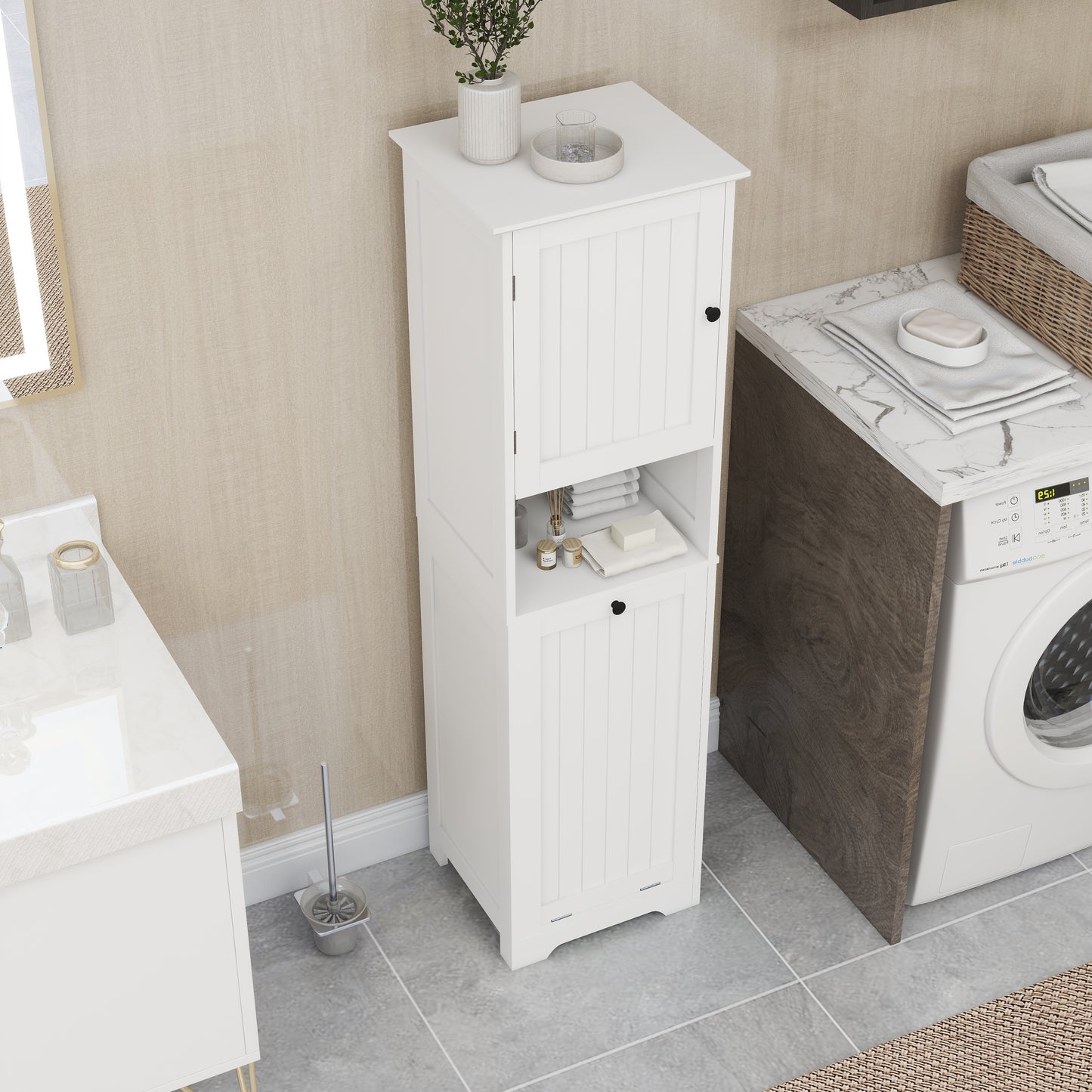 One-Door Tilt-Out Laundry Sorter Cabinet - White MDF