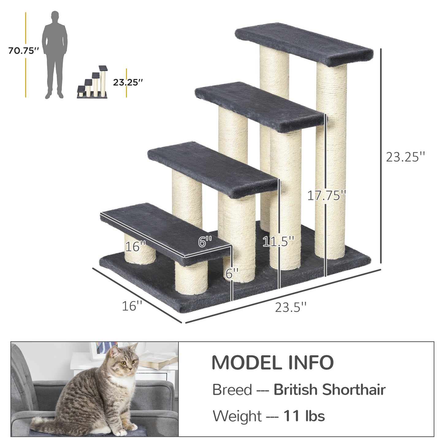 Cat Tree with 4 Steps and Sisal Scratching Post for High Beds - Gray