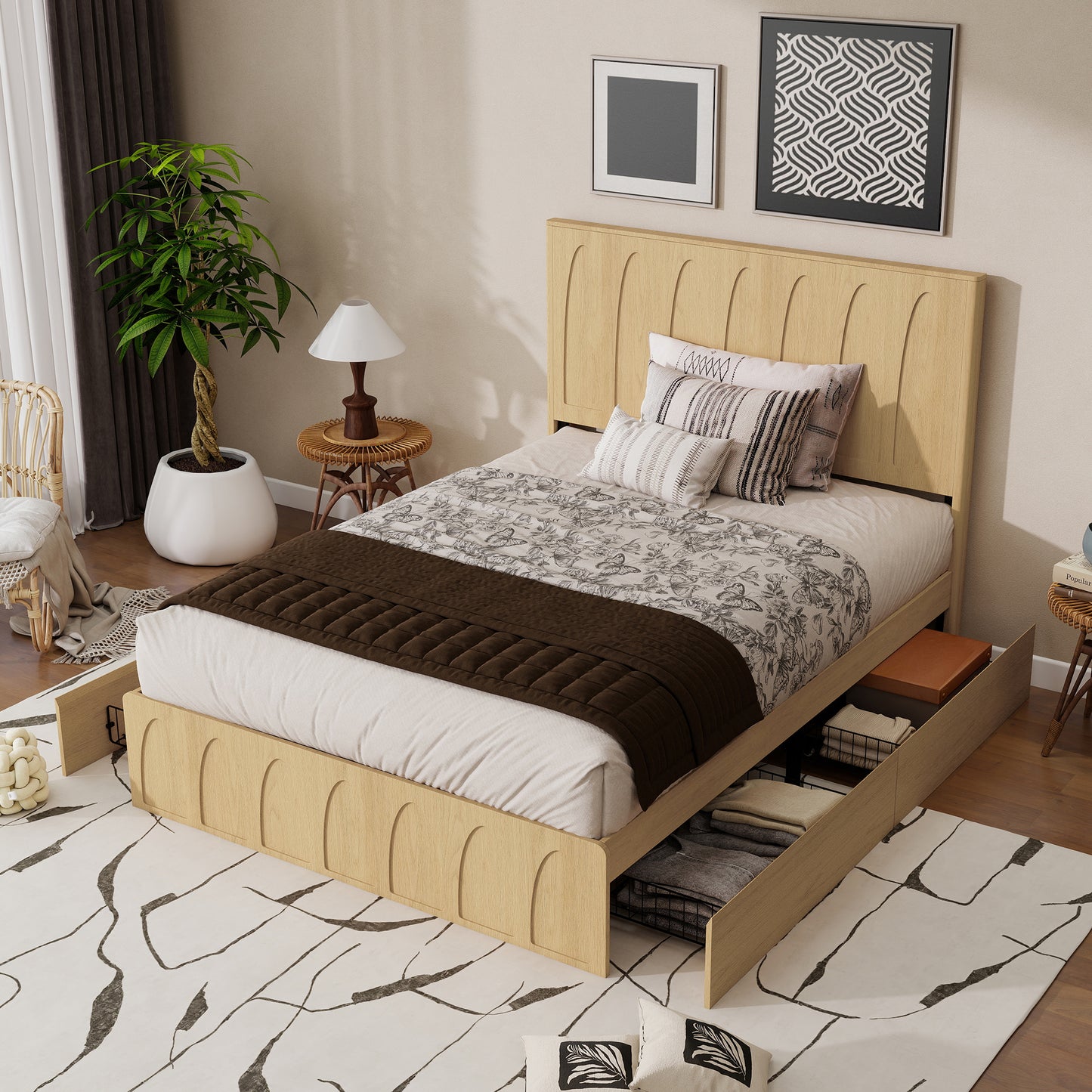 Queen Size Solid Wood Platform Bed Frame with Storage Drawers - Oak