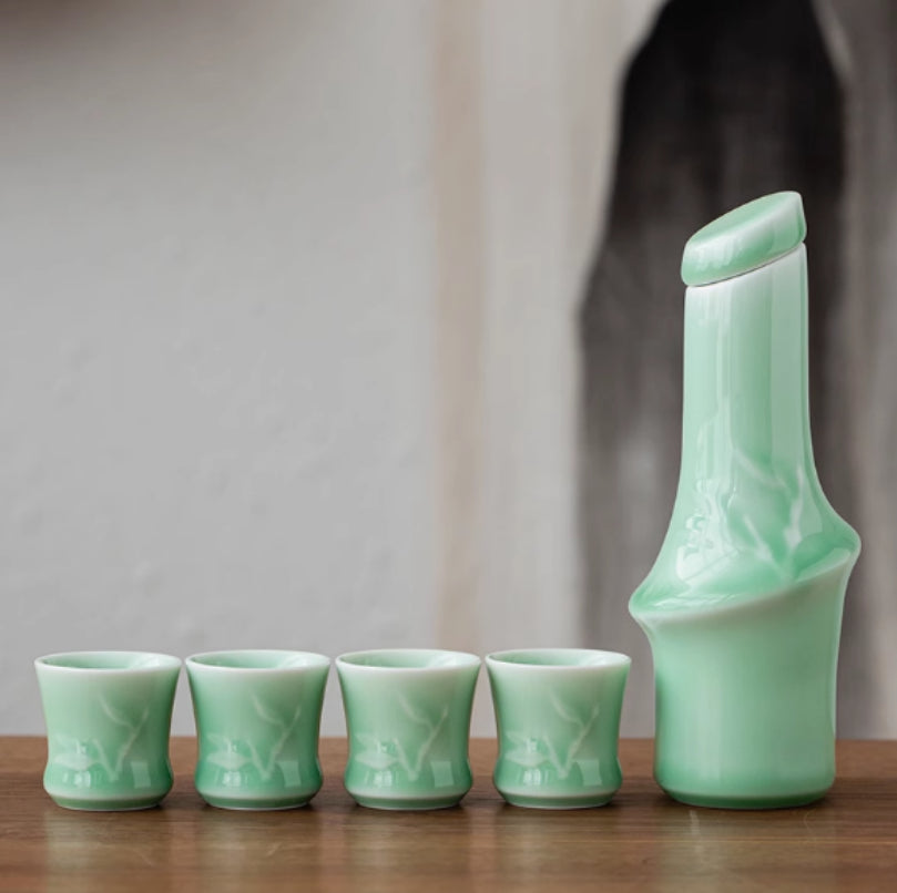 Celadon Bamboo Joint Wine Set with Decanter and Cups - Japanese Style
