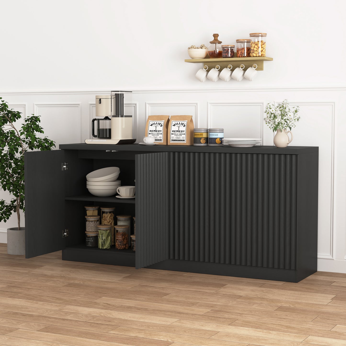 Black Buffet Cabinet with 4 Doors & Shelves - 62.6" Sideboard