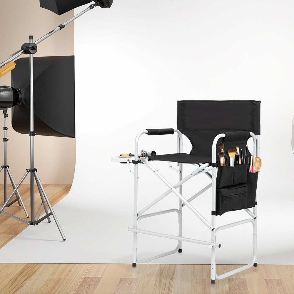 Folding Director's Chair with Footrest and Storage - Black