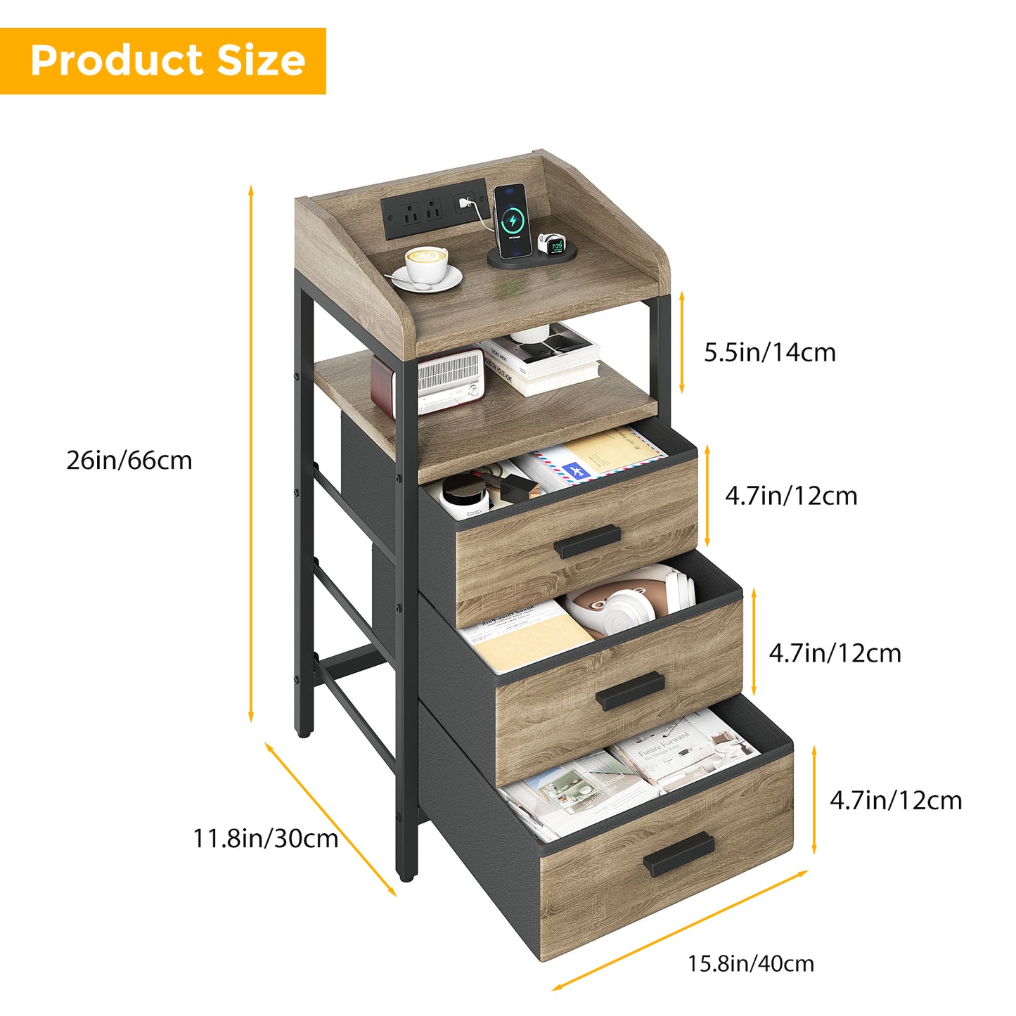 Nightstand with Charging Station and Fabric Drawers - Bedside End Table