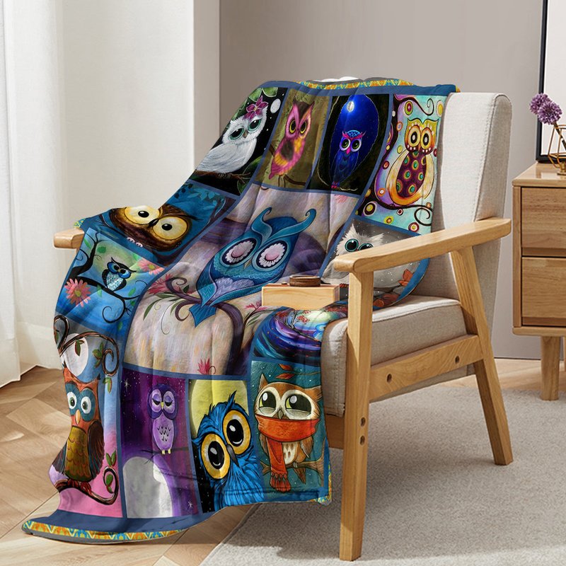 Multicolor Flannel Owl Pattern Blanket for Outdoor, Home & Travel Use