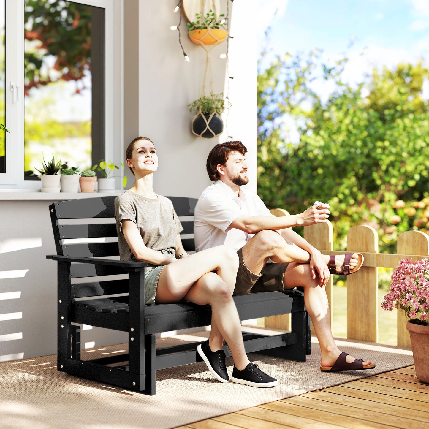 Patio Glider Bench - HDPE Slatted Double Rocking Chair - Black