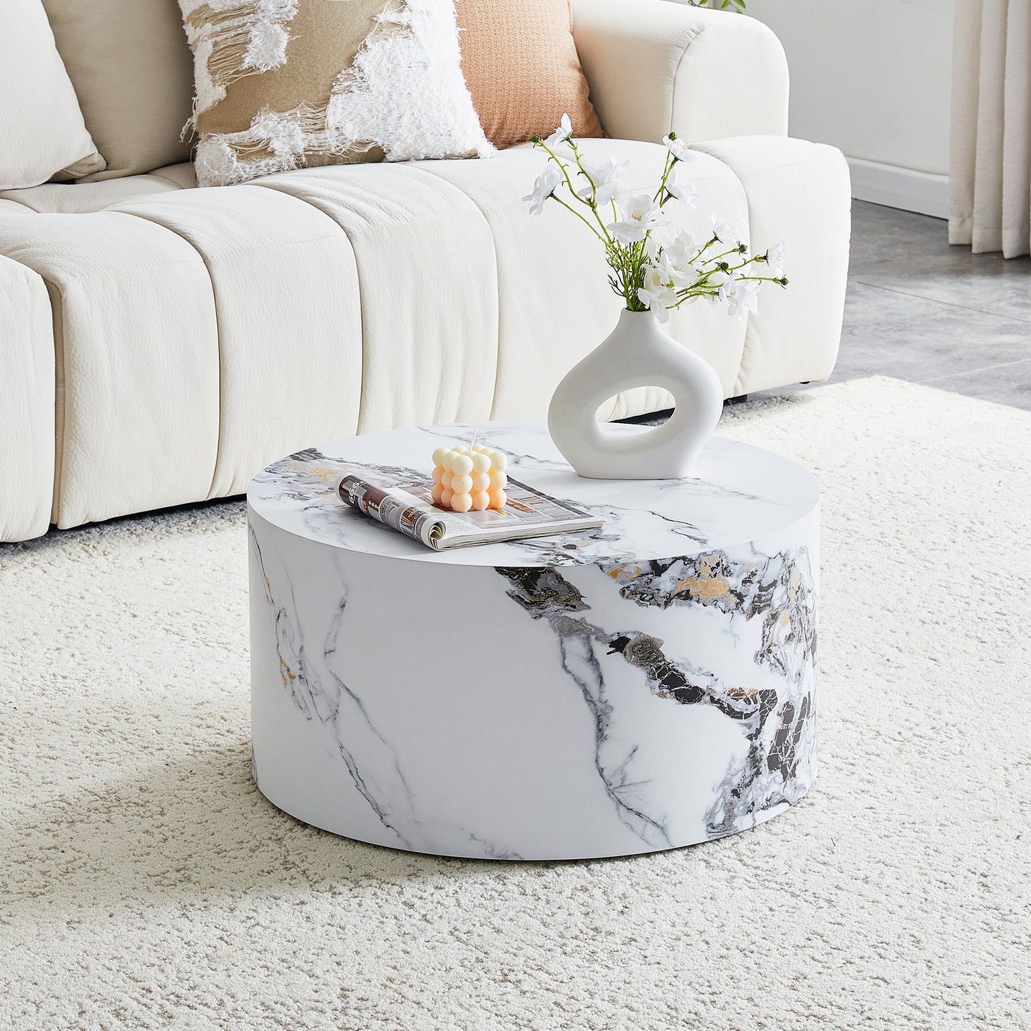 Simple White MarbleTexture Round MDF Coffee Table,23.6inDiameter