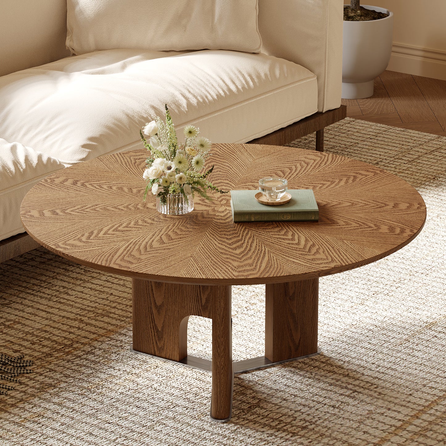 31.5-Inch Round Rustic Ash Wood Veneer Coffee Table - Walnut