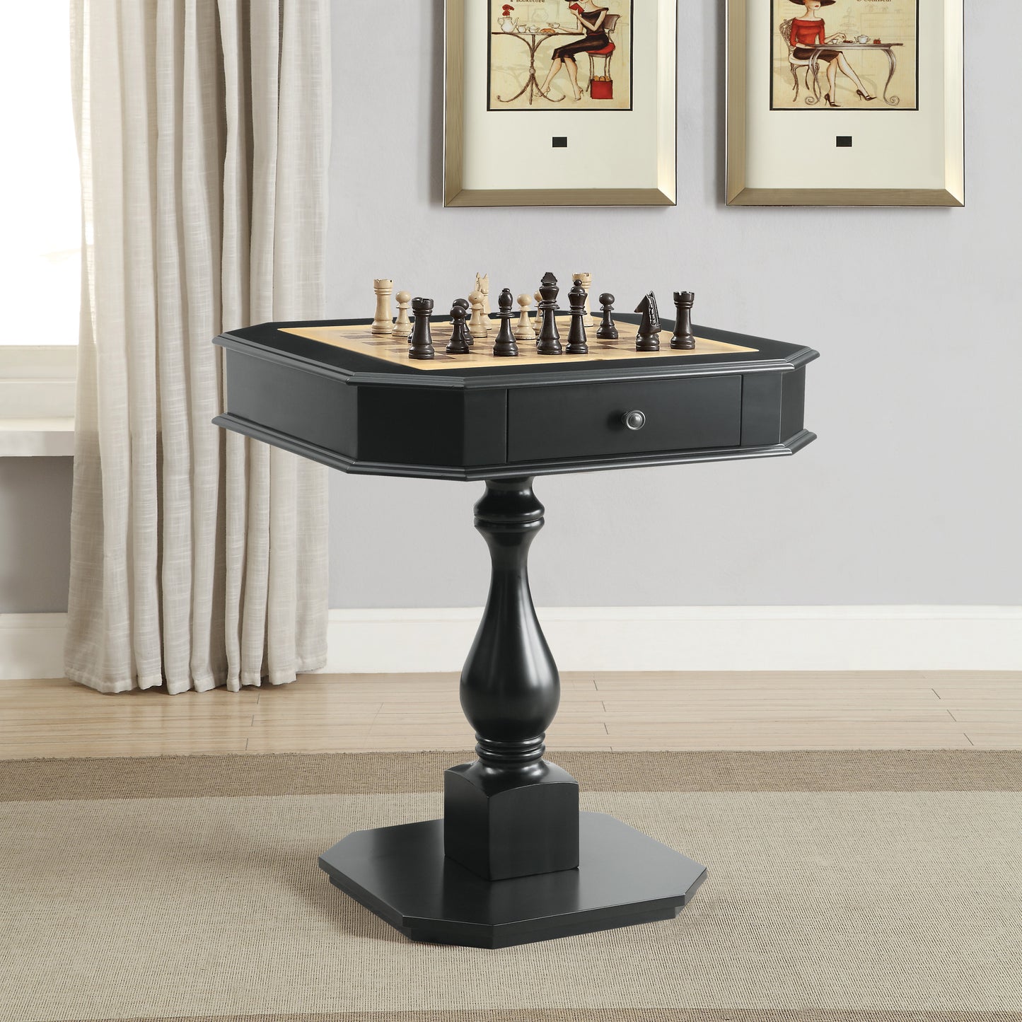 Bishop Black Finish Reversible Chess Checker Game Table with Game Tray