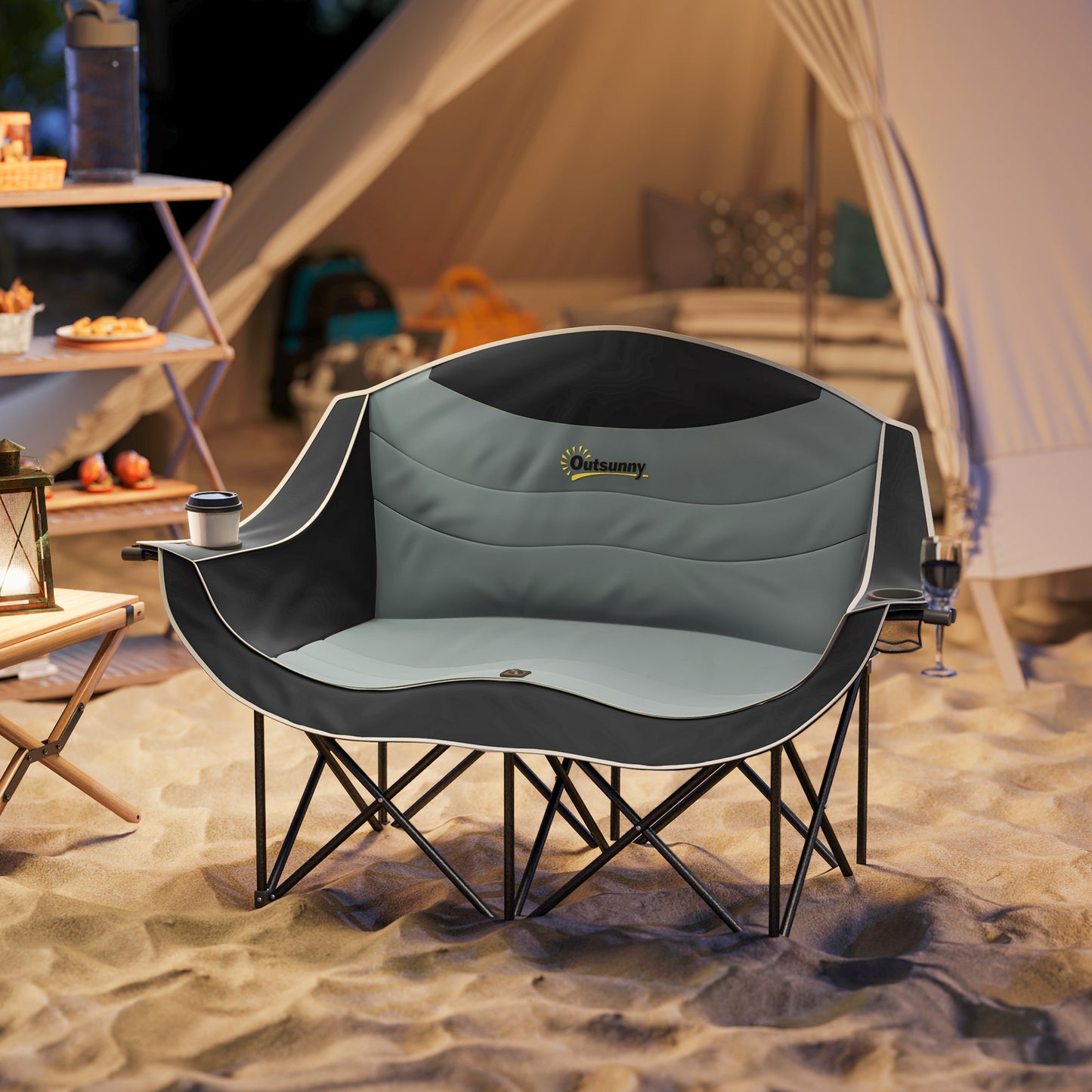 Double Padded Camping Chair with Armrests and Cup Holders - Black