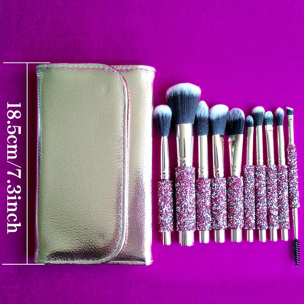 10-Piece Diamond Inlaid Makeup Brush Set - Professional Cosmetic Tools - Pink