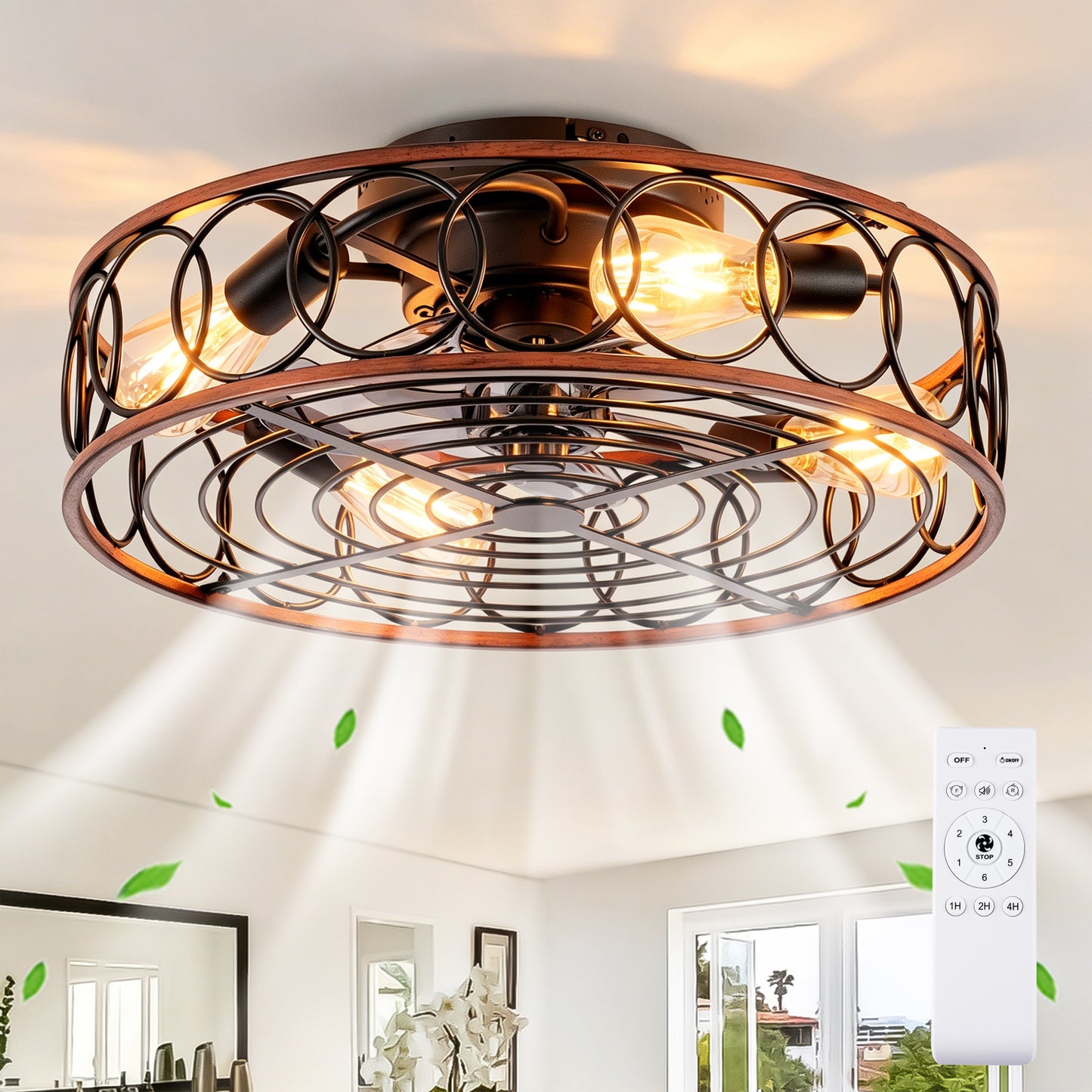 20-Inch Caged Ceiling Fan with Lights & Remote Control - Matte Black