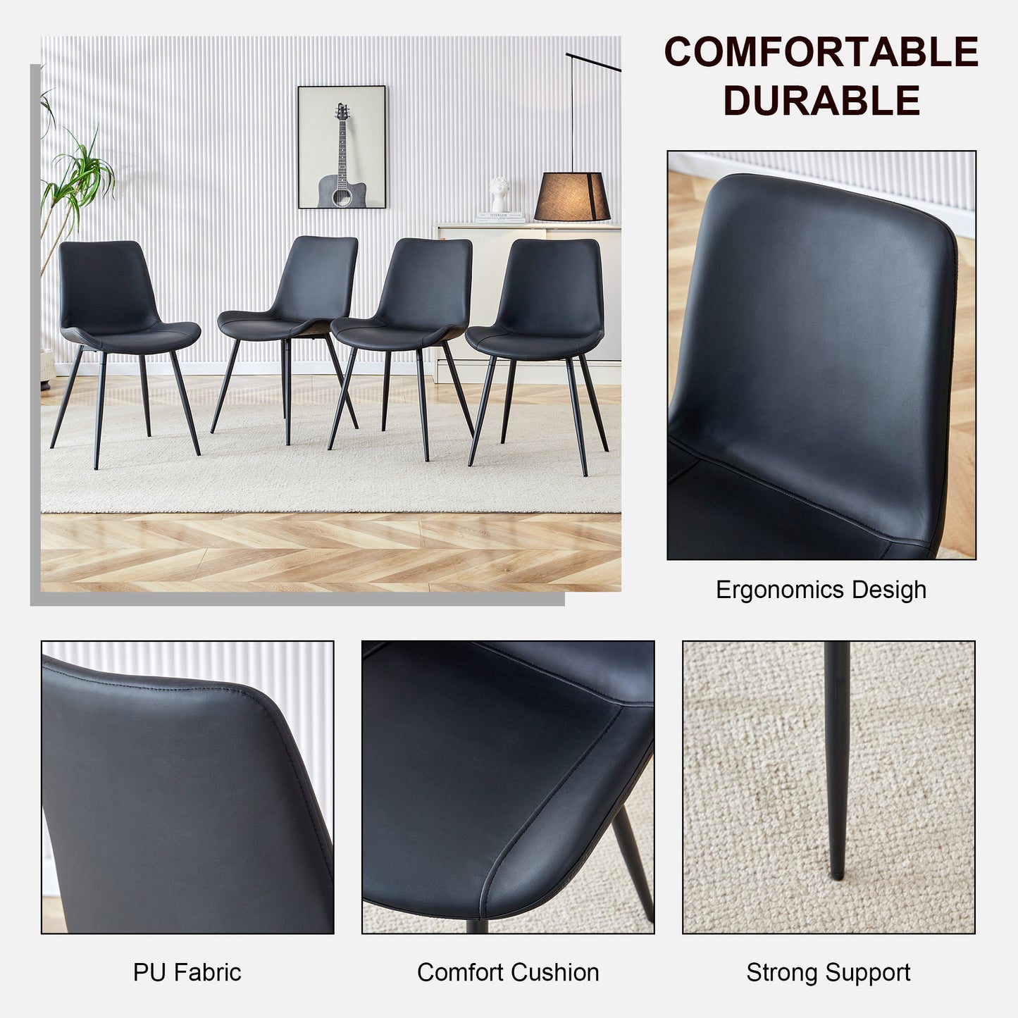 Black Artificial Leather Backrest Cushion Dining Chair, Metal Legs,