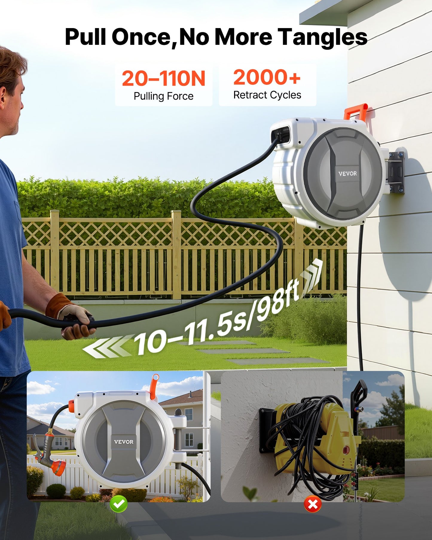 Retractable Garden Hose Reel 100 Ft with 9-Function Sprayer Nozzle - Wall Mount, Black