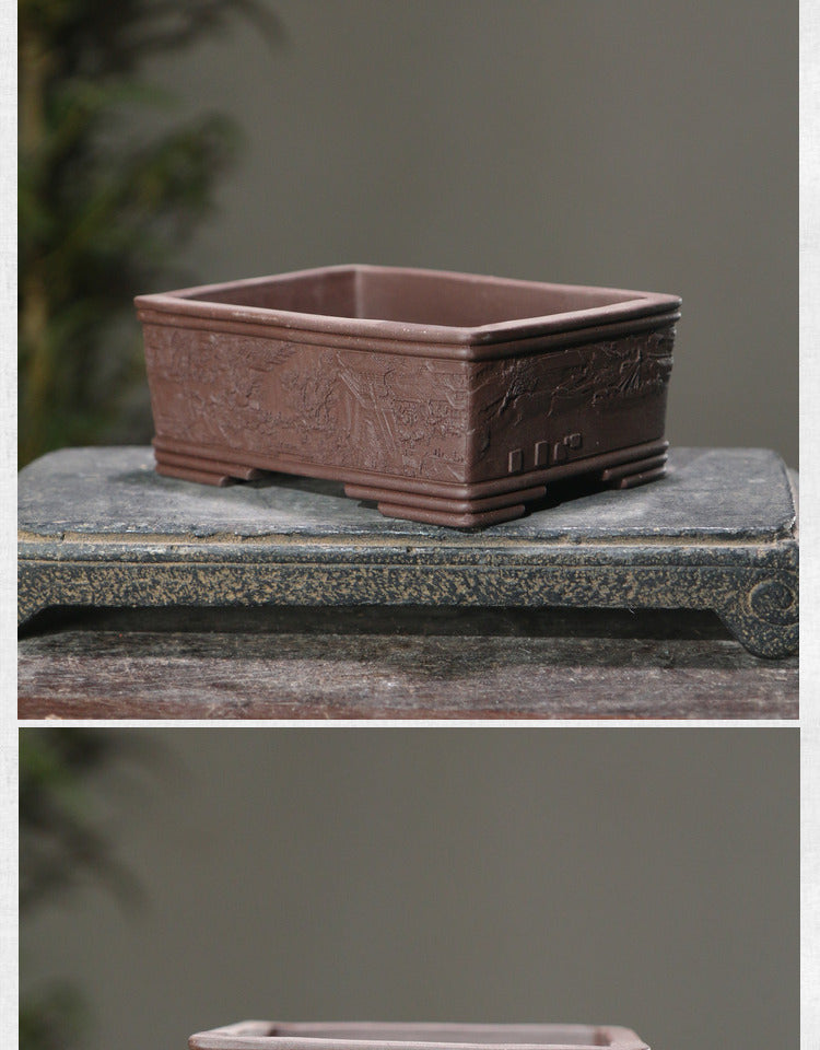 Rotating Rectangular Ceramic Flower Pot Set with Bamboo Basin - Classic Garden Decor