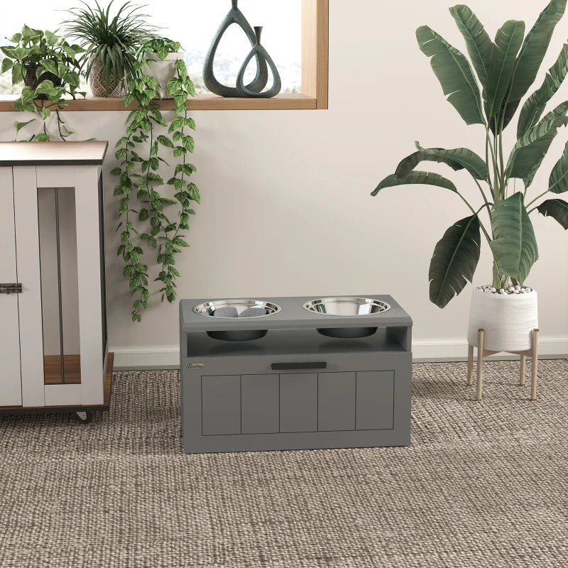 Large Elevated Dog Bowls Stand with 2 Stainless Steel Bowls, Storage Drawer & Slow Feeder Mat