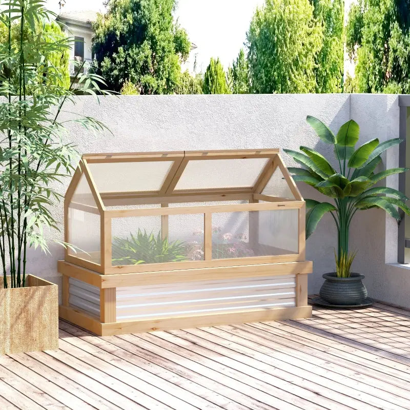 Wooden Garden Cold Frame Greenhouse with Cover - Elevated Planting Bed for Outdoors