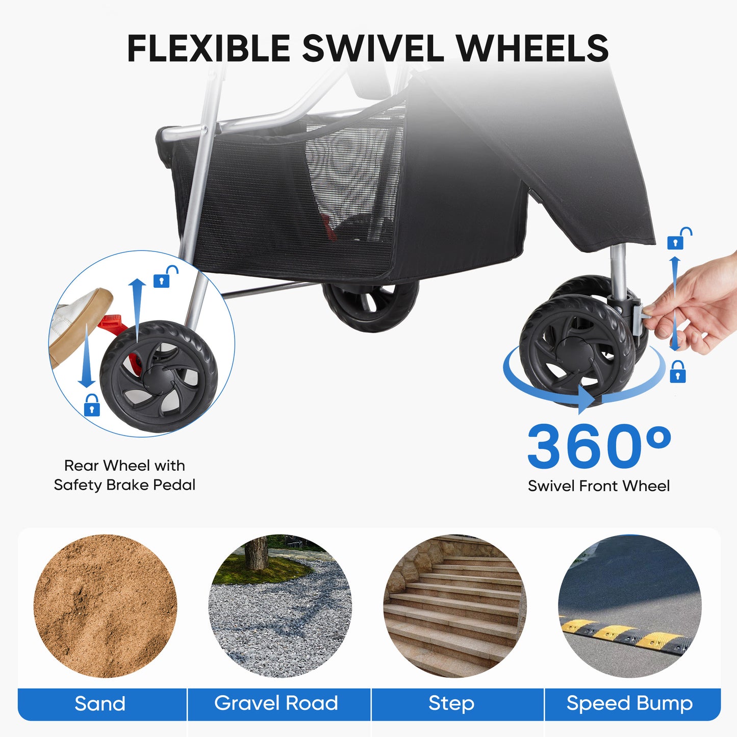 Pet Stroller for Cats and Dogs with Storage and Safety Features - Black