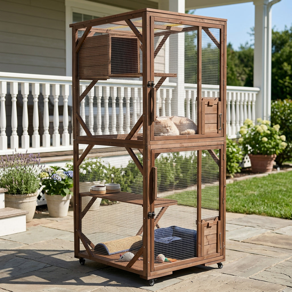 Outdoor Wooden Cat Enclosure with Lockable Wheels & Multi-Level Platforms, Weatherproof Fir Cat Cage