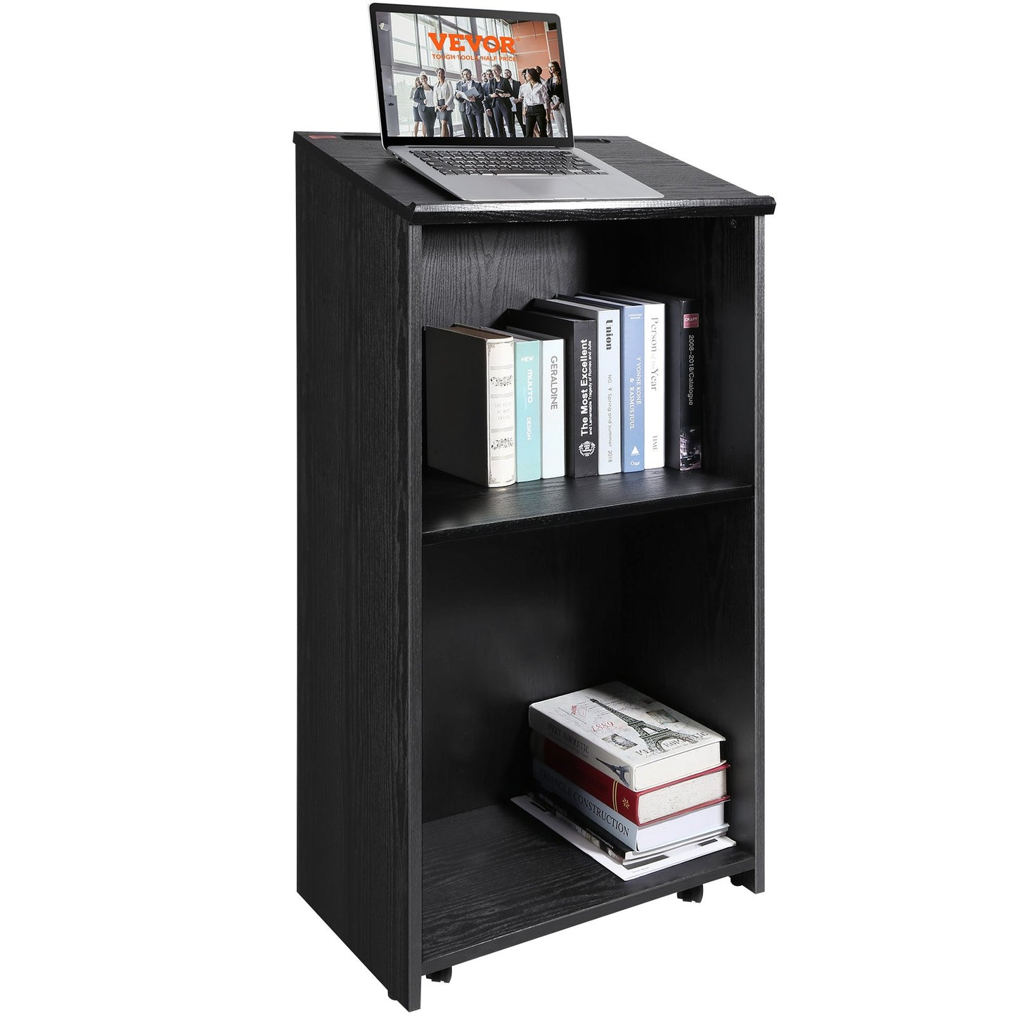 47-Inch Wood Podium Stand with Storage Shelves and Wheels - Black