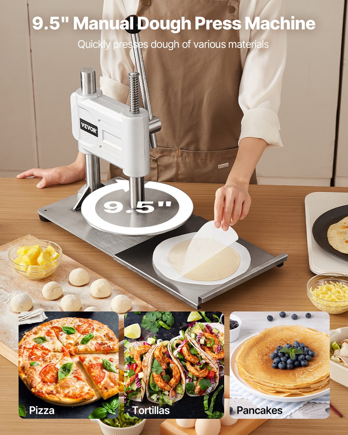Manual Pizza Dough Press Machine 9.5 Inch Stainless Steel Pastry Sheeter
