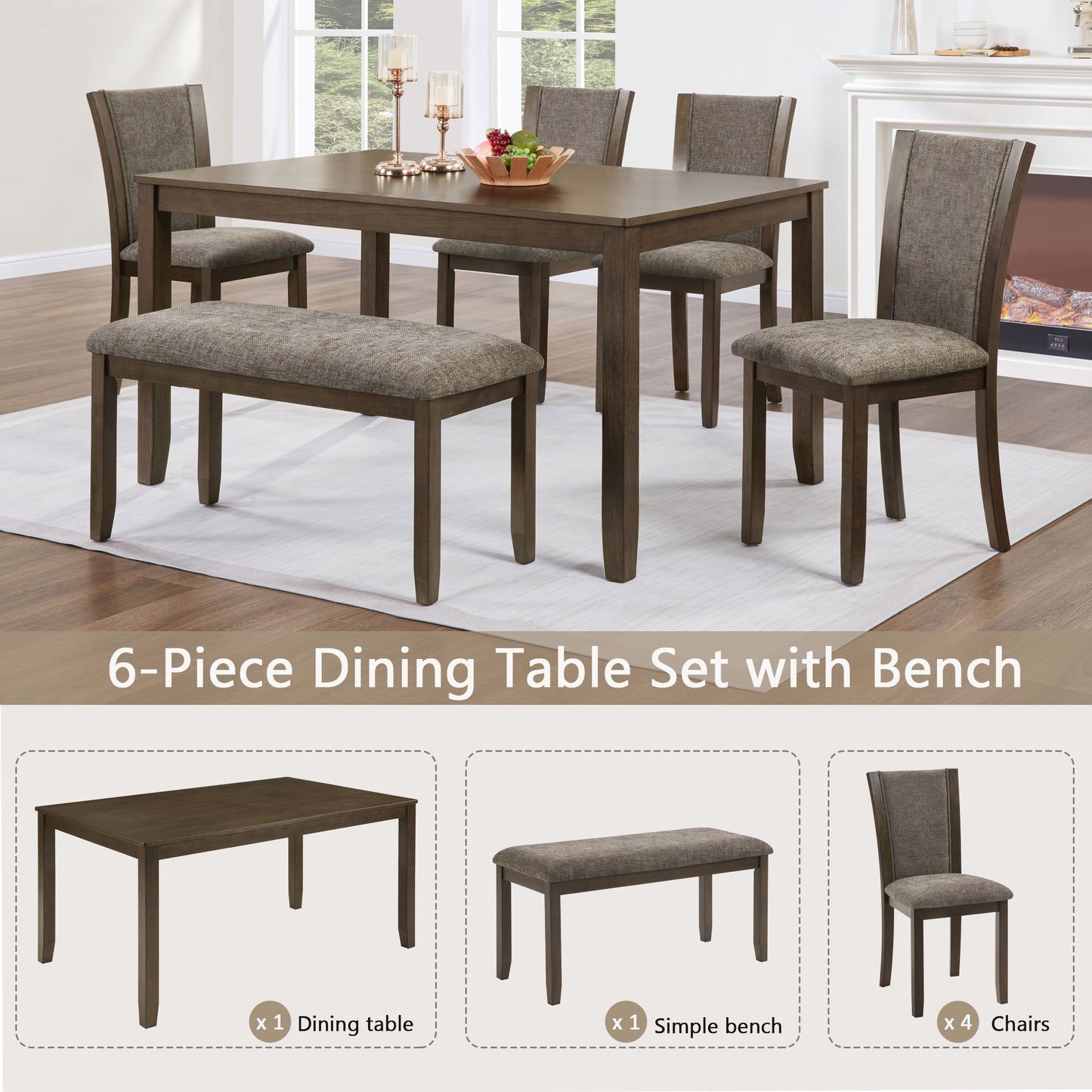 6-Piece Wooden Dining Table Set with Bench and Chairs - Dark Walnut