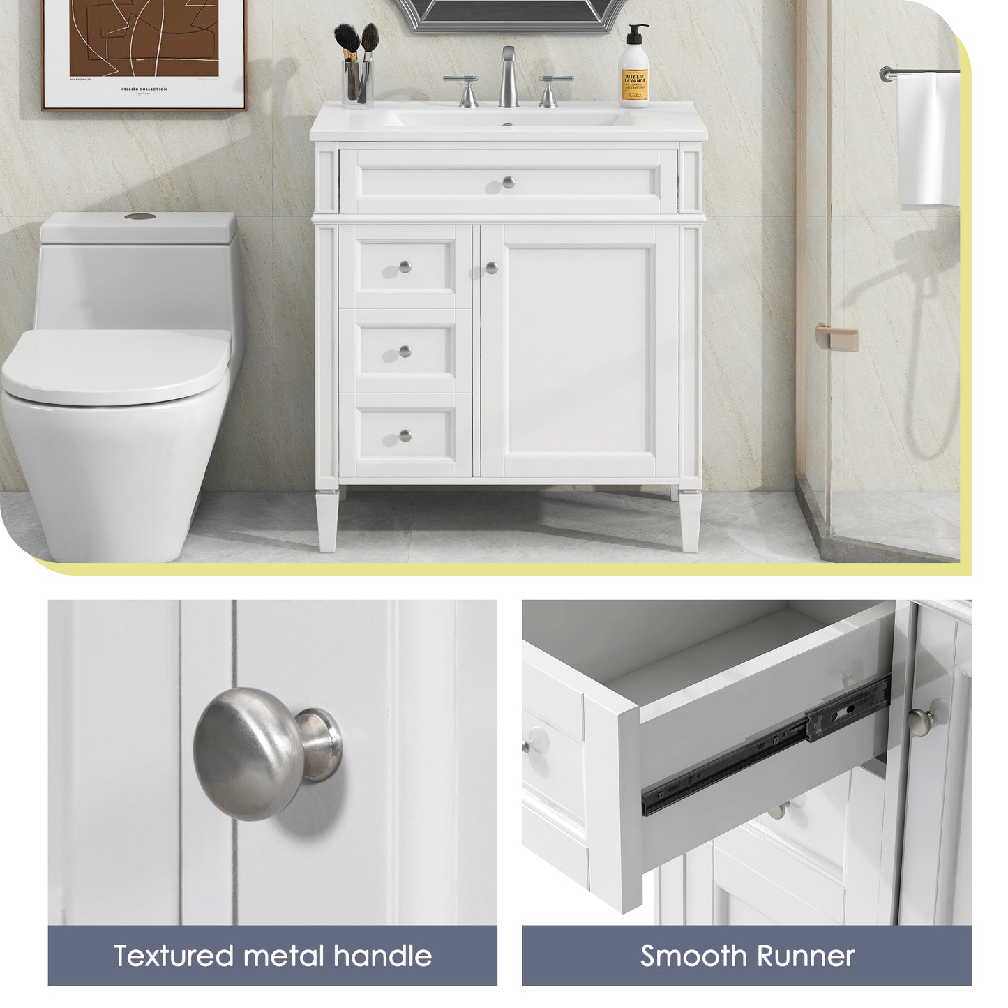 30'' Modern Bathroom Vanity with Sink & Storage - White