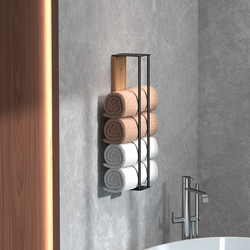 Wooden Wall-Mounted Metal Towel Rack Bathroom Storage Black 40cm 50cm