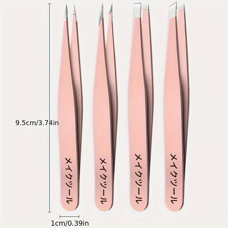4-Piece Stainless Steel Eyebrow Tweezer Set with Portable Manicure Tools