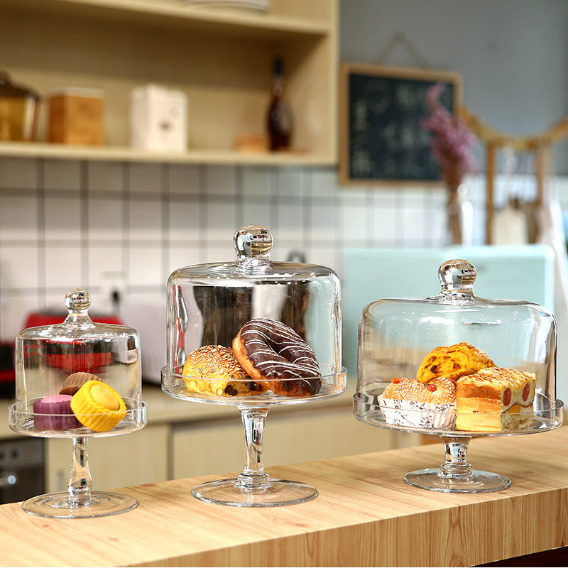 Large Glass Cake Tray with Transparent Dust Cover - European Style