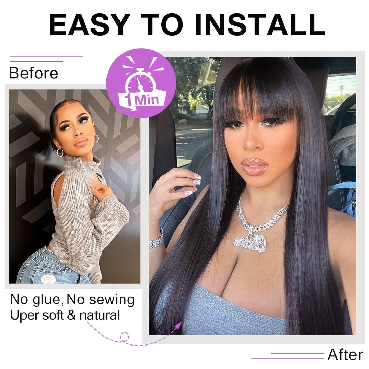 Straight Human Hair Wig with Bangs - 150% Density Natural Color