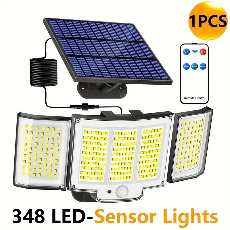 Outdoor Solar Motion Sensor Light 348 LEDs Waterproof 3-Head Security Lamp with Remote