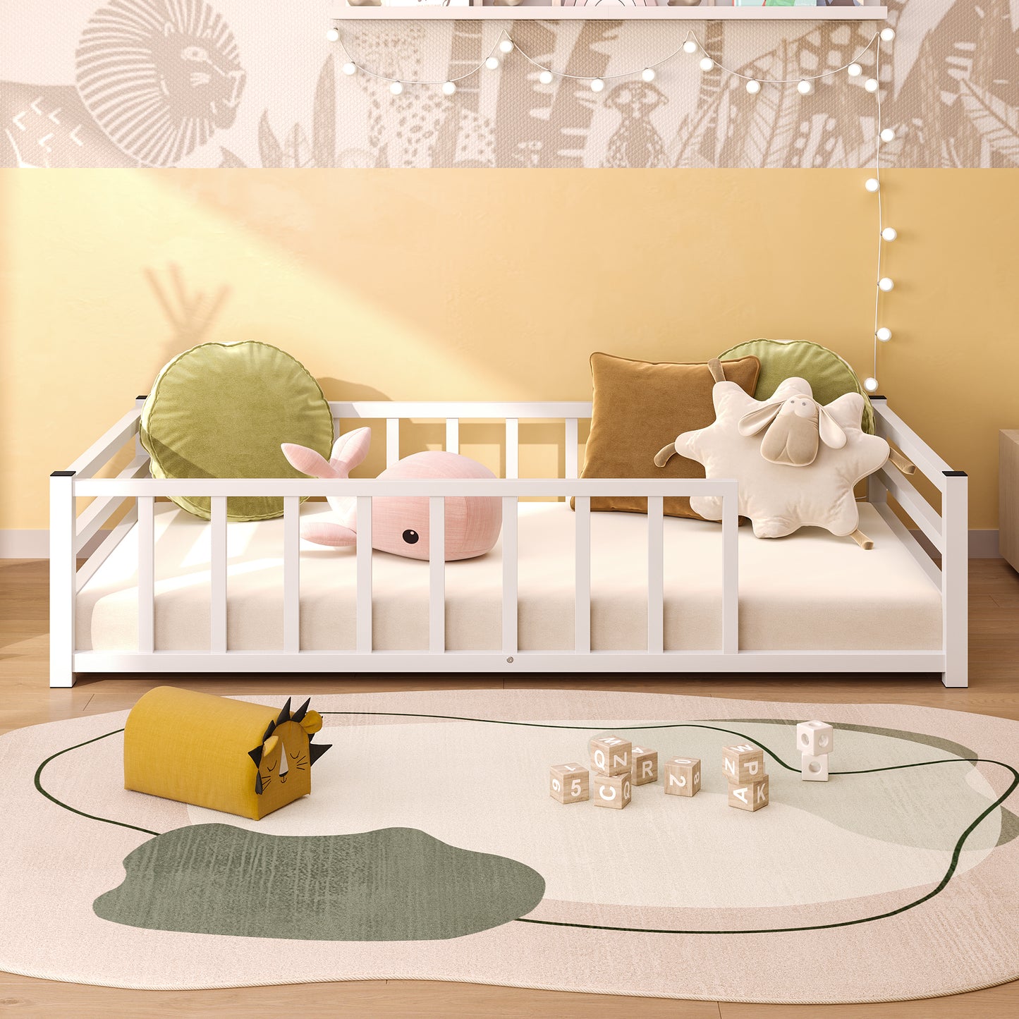 Twin Size Low Profile Metal Bed Frame with Guardrails - White