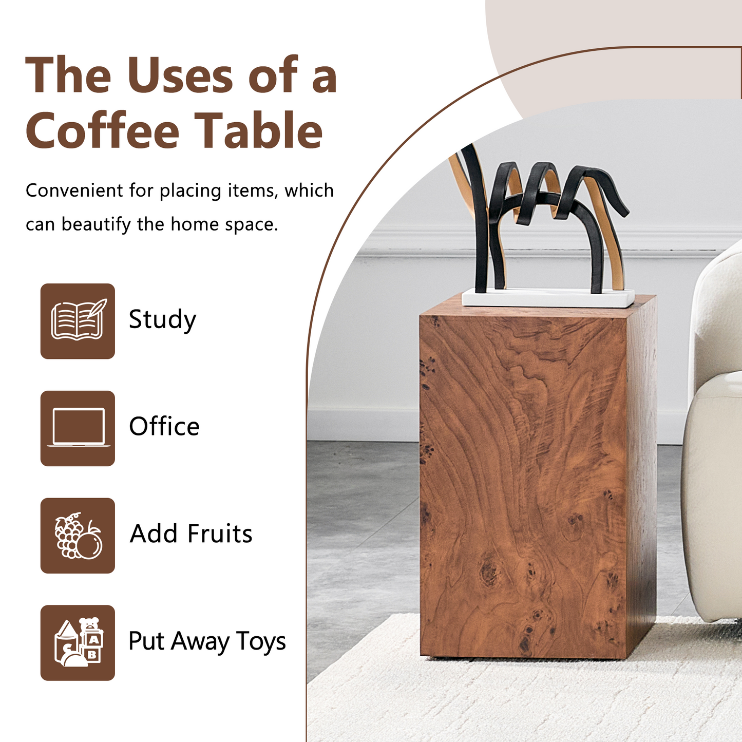 Height Adjustable Burl Walnut Veneer MDF Cube Table - 11.8"