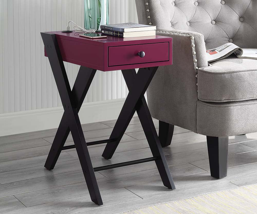 Fierce Accent Table with USB Port - Black & Burgundy