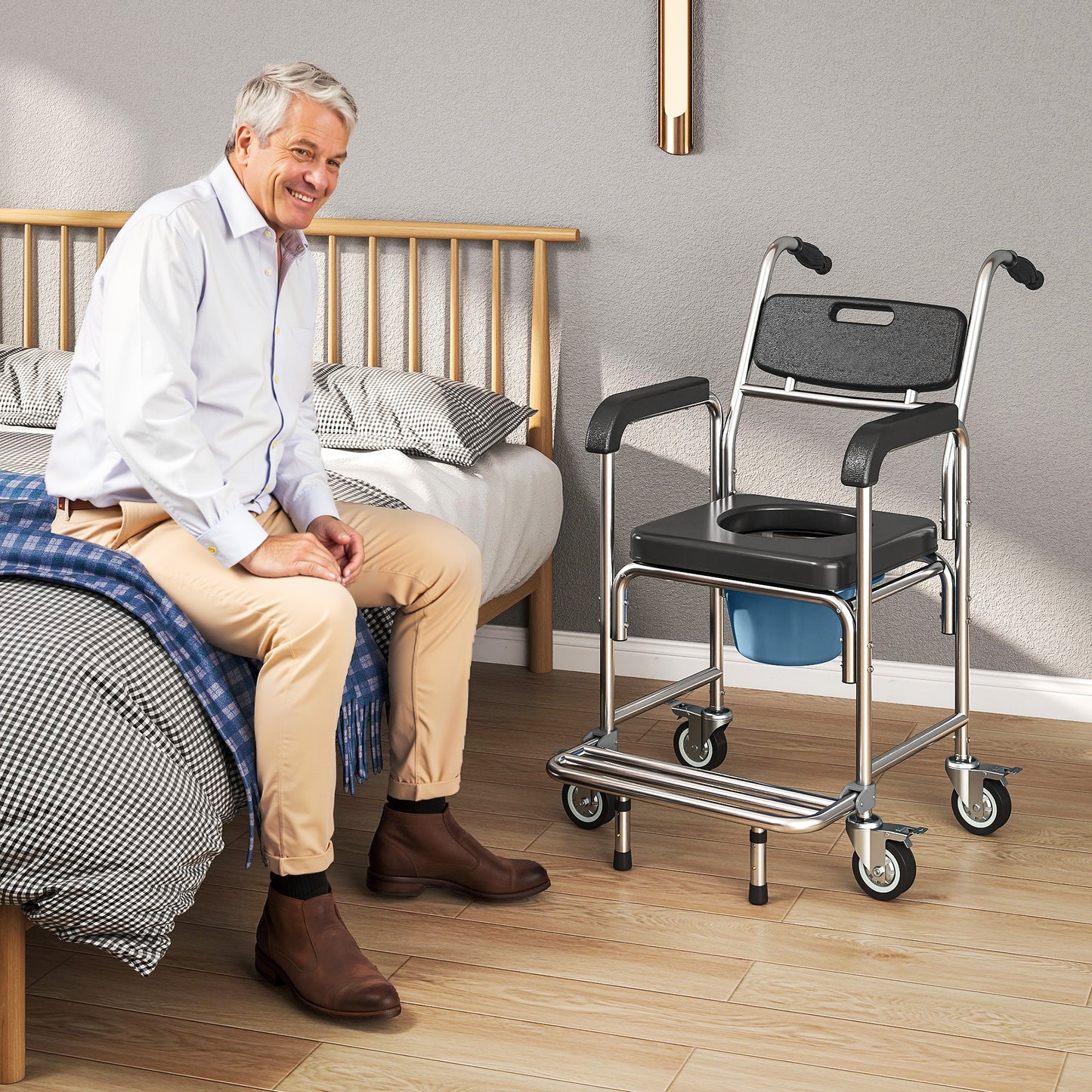 3-in-1 Shower Commode Wheelchair - Black Medical Rolling Chair