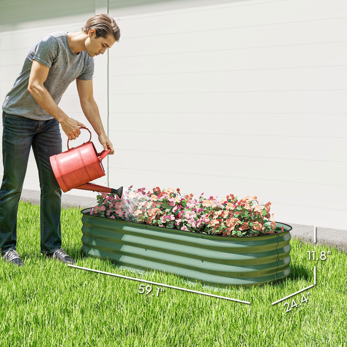 Galvanized Raised Garden Bed Kit - Modular Metal Planter Box with Safety Edging, Green, 595x360x170 mm