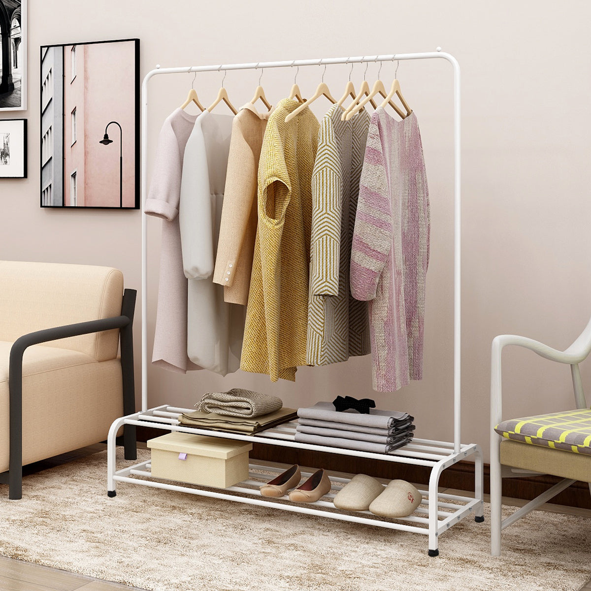 Heavy Duty Metal Garment Rack with Bottom Shelf - White